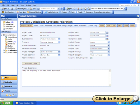 A TrackerSuite.Net project definition in Microsoft Outlook